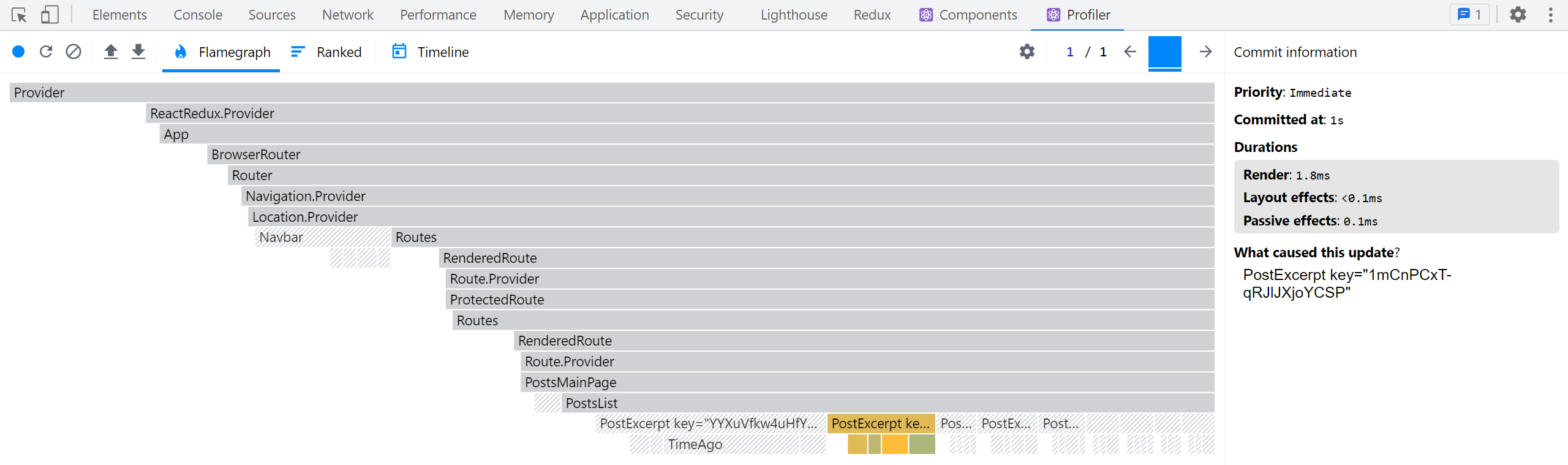 React DevTools Profiler render capture - optimized <PostsList>